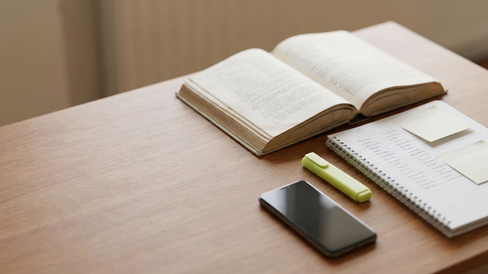 Ein Schreibtisch mit aufgeschlagenem Lehrbuch, Heft und Textmarker