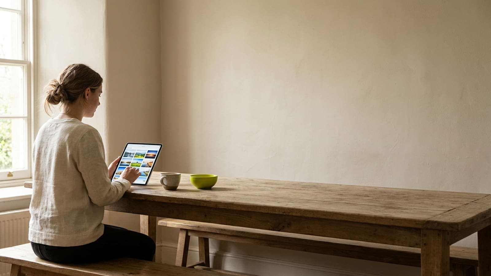 Eine Person liest morgens am Küchentisch auf einem Tablet