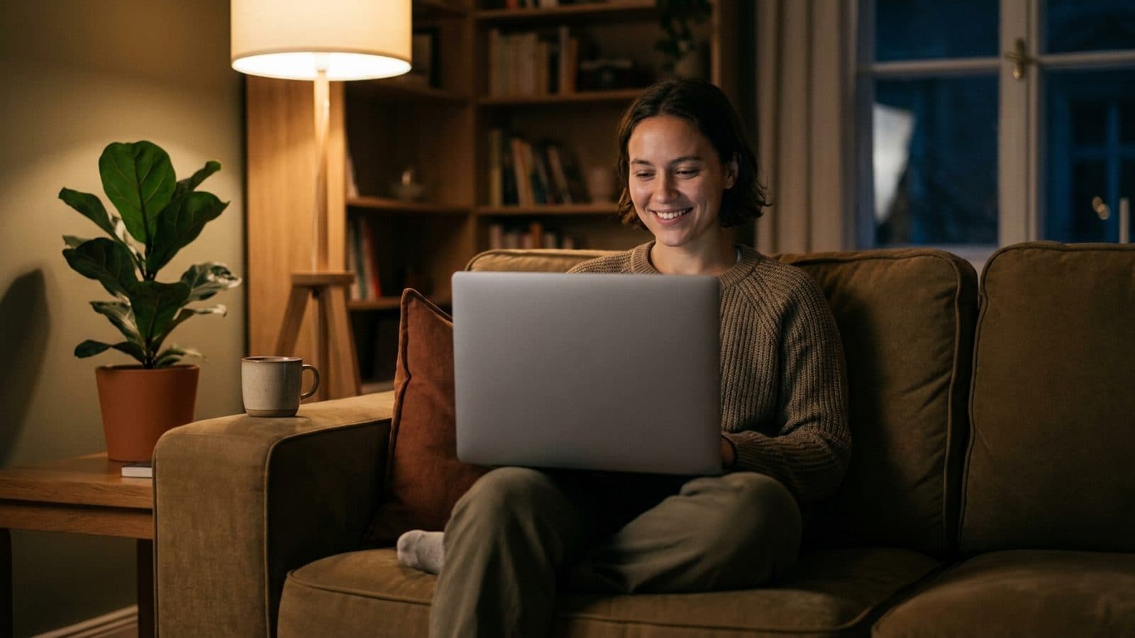 Eine Frau abends auf dem Sofa, die nach einer Lerneinheit lächelnd auf den Laptop schaut
